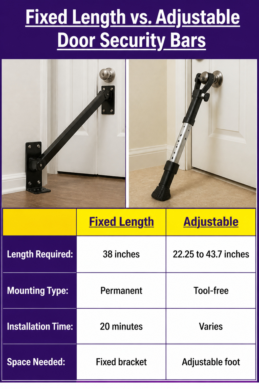 Diagram comparing fixed length versus adjustable door security bars.