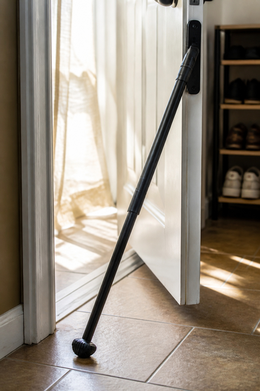 Master Lock 20 Gauge Dual Function security bar next to a door.