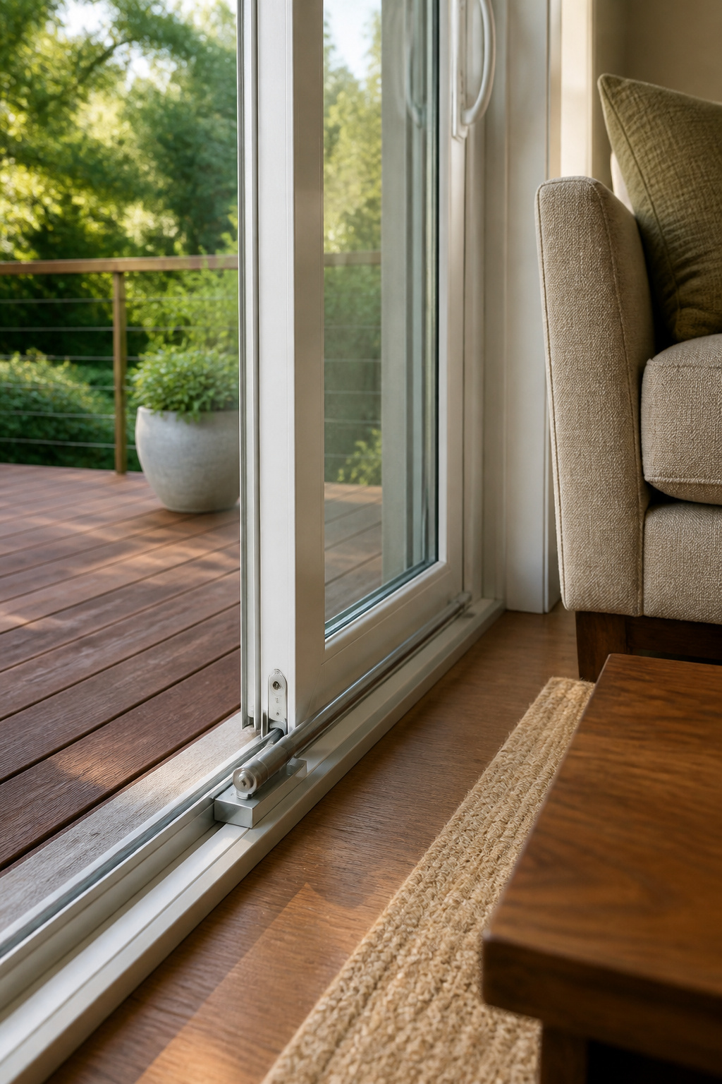Ideal Security Patio Door Bar blocking a sliding glass door.