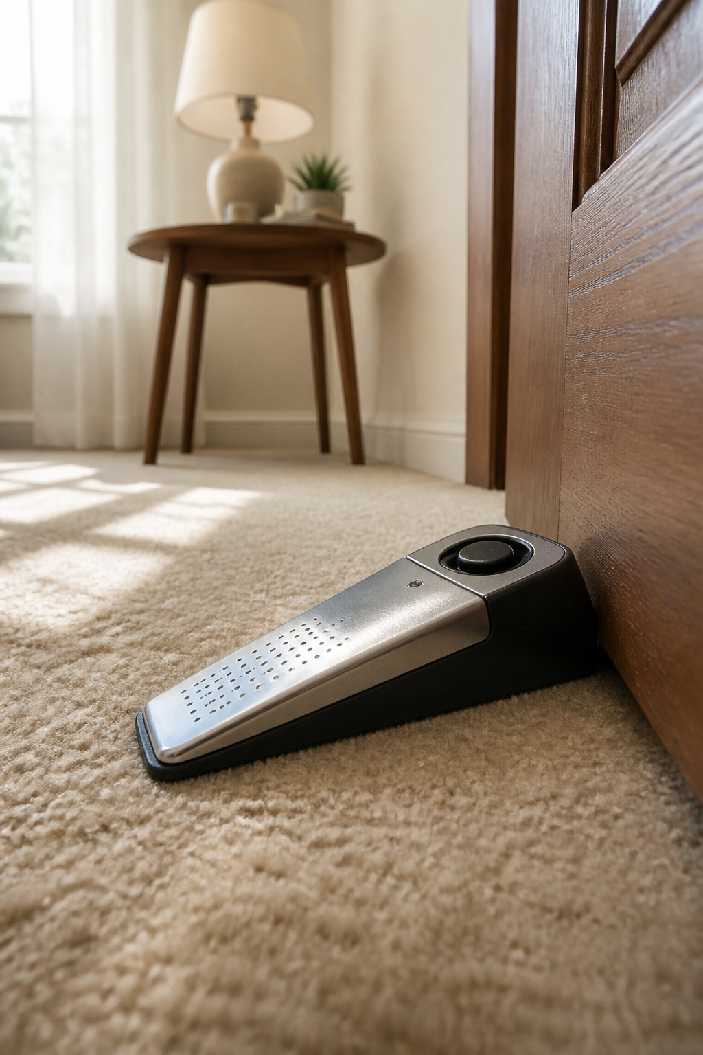 Sabre Door Stop Alarm placed on a floor near a door.