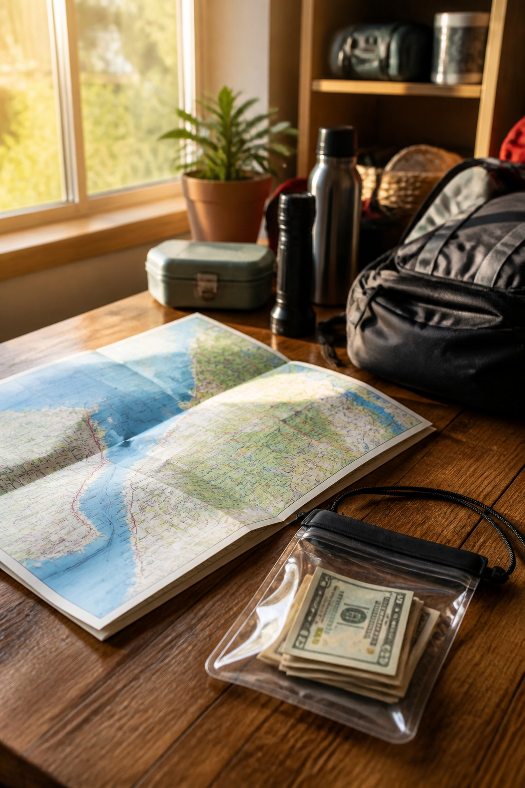 Emergency Preparedness Kits: What to Include in Yours 11 A local map spread out with a small waterproof bag of cash nearby.