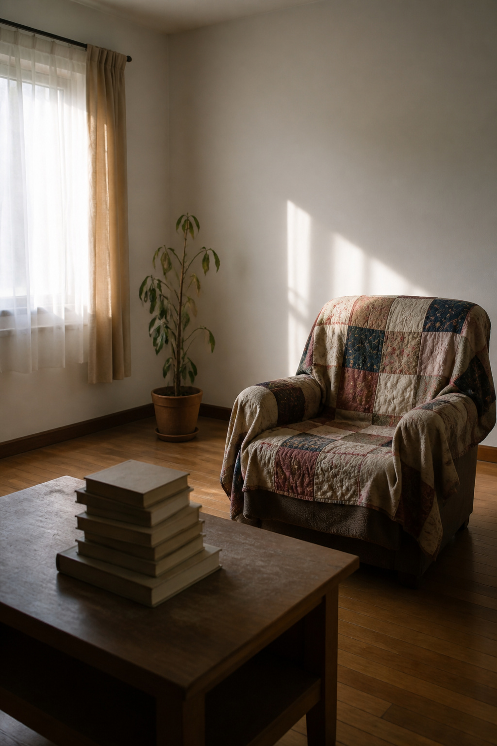 Hiding in Plain Sight: Youth Mental Illness 5 A solitary armchair in a living room with self-help books on a table.