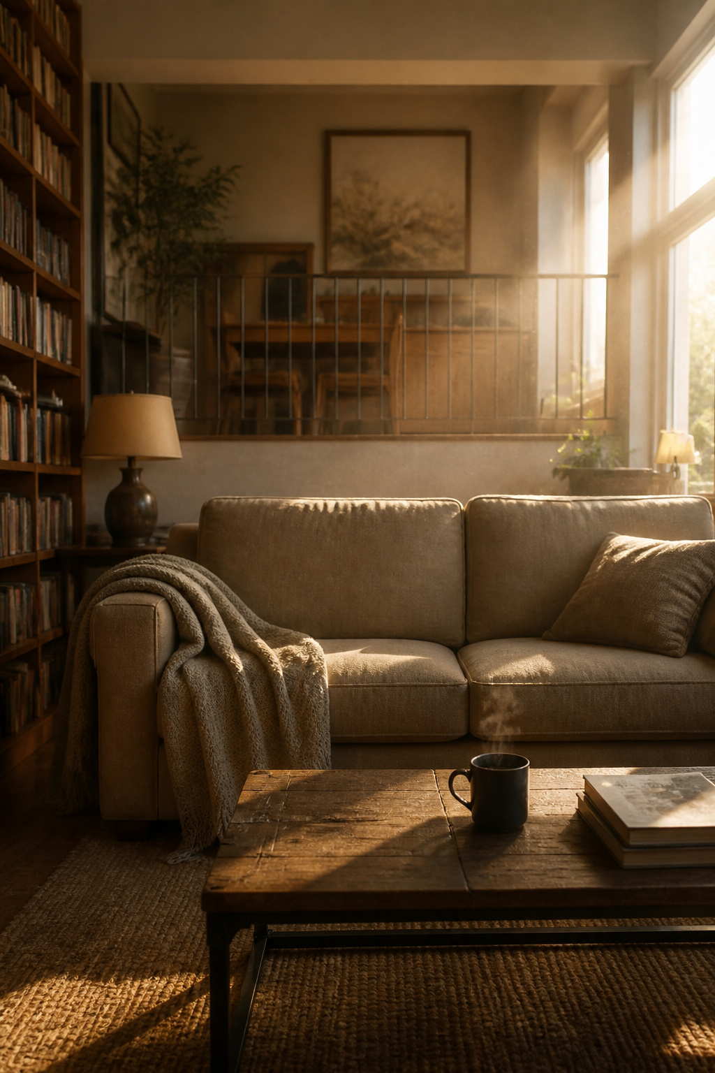 Hiding in Plain Sight: Youth Mental Illness 8 A living room with a couch, bookshelves, and an untouched coffee cup.