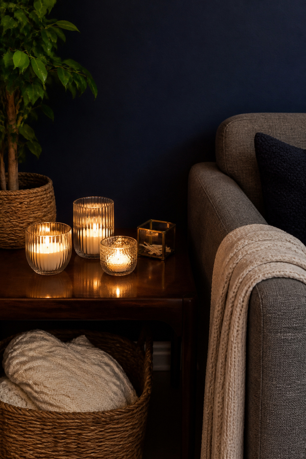 Home Fire Safety Steps for Every Household 8 Lit candles on a side table, placed safely away from flammable items.
