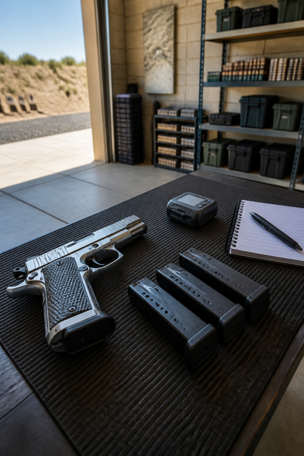How Many Magazines Per Gun: 8 Firearm Types Covered for 2026 5 Competition pistol with three magazines on a textured mat.