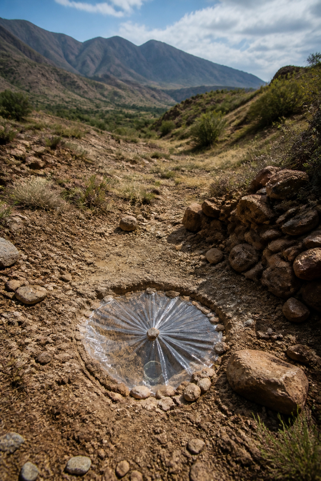 How to Make a Solar Still: Seven Steps for Clear Water 11 A pit-style solar still setup showing a container covered with plastic.