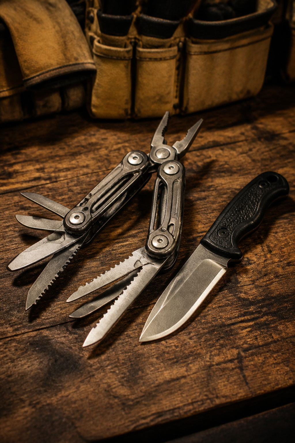 How to Make a Survival Kit: Emergency Preparedness Guide 11 A multi-tool and a fixed-blade knife on a table.