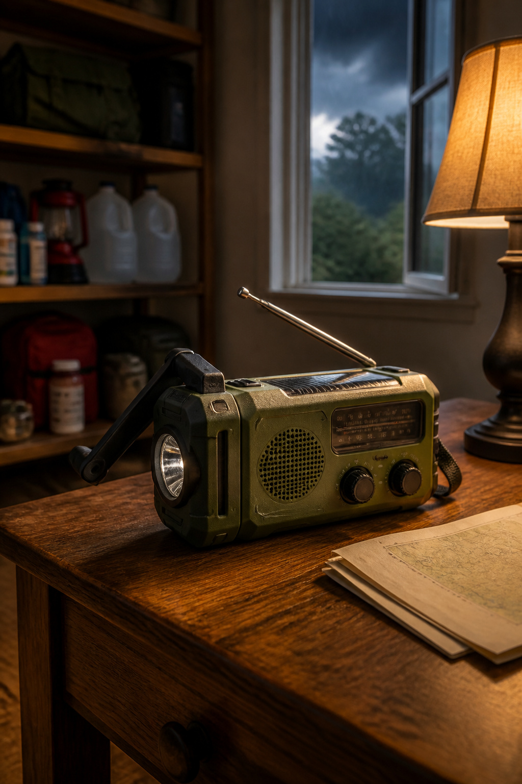 How to Make a Survival Kit: Emergency Preparedness Guide 5 A hand-crank radio with a rechargeable battery on a table.