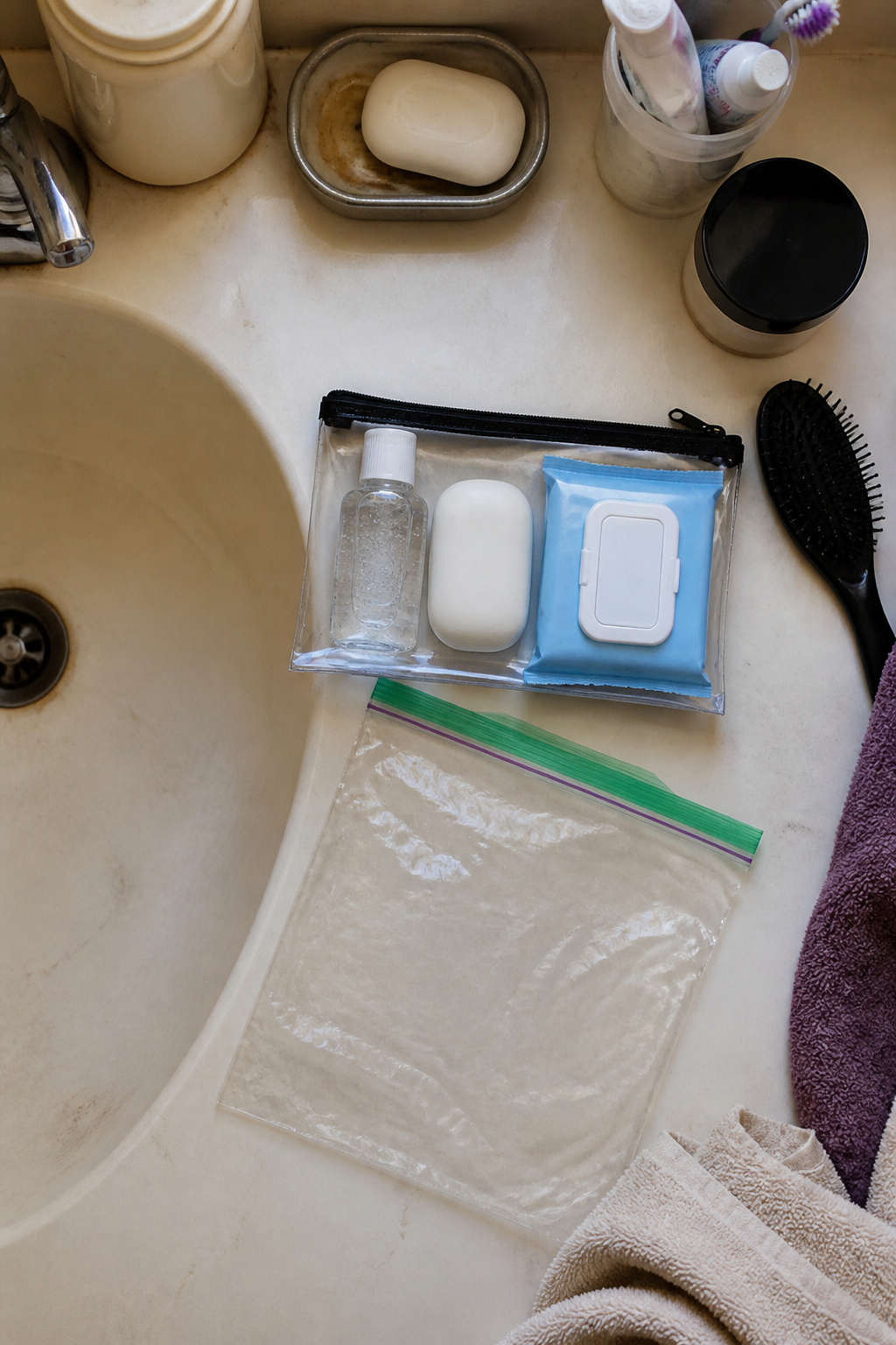 How to Make a Survival Kit: Emergency Preparedness Guide 6 Soap, hand sanitizer, and moist towelettes on a table.