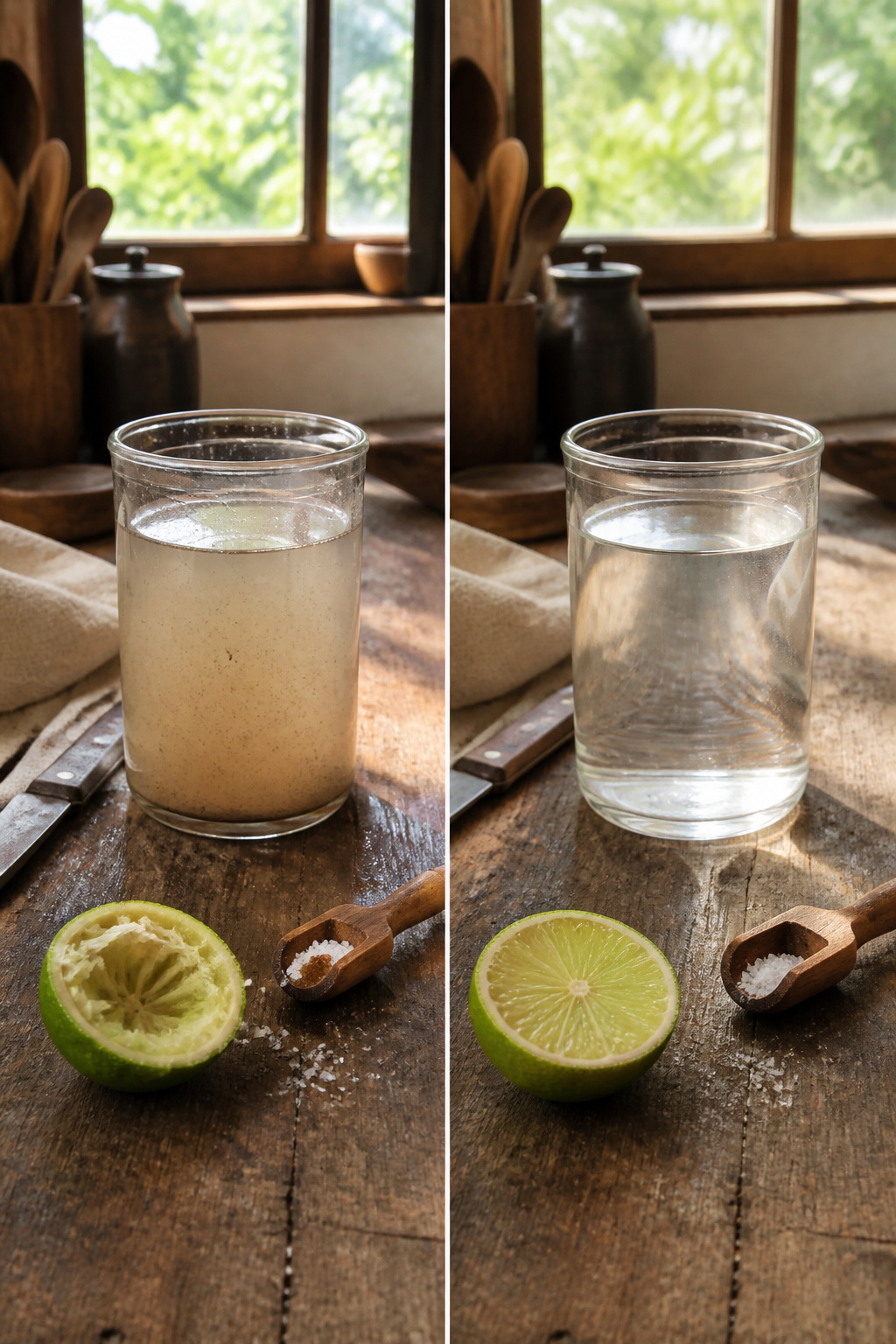 A pinch of salt on a wooden table beside murky water.