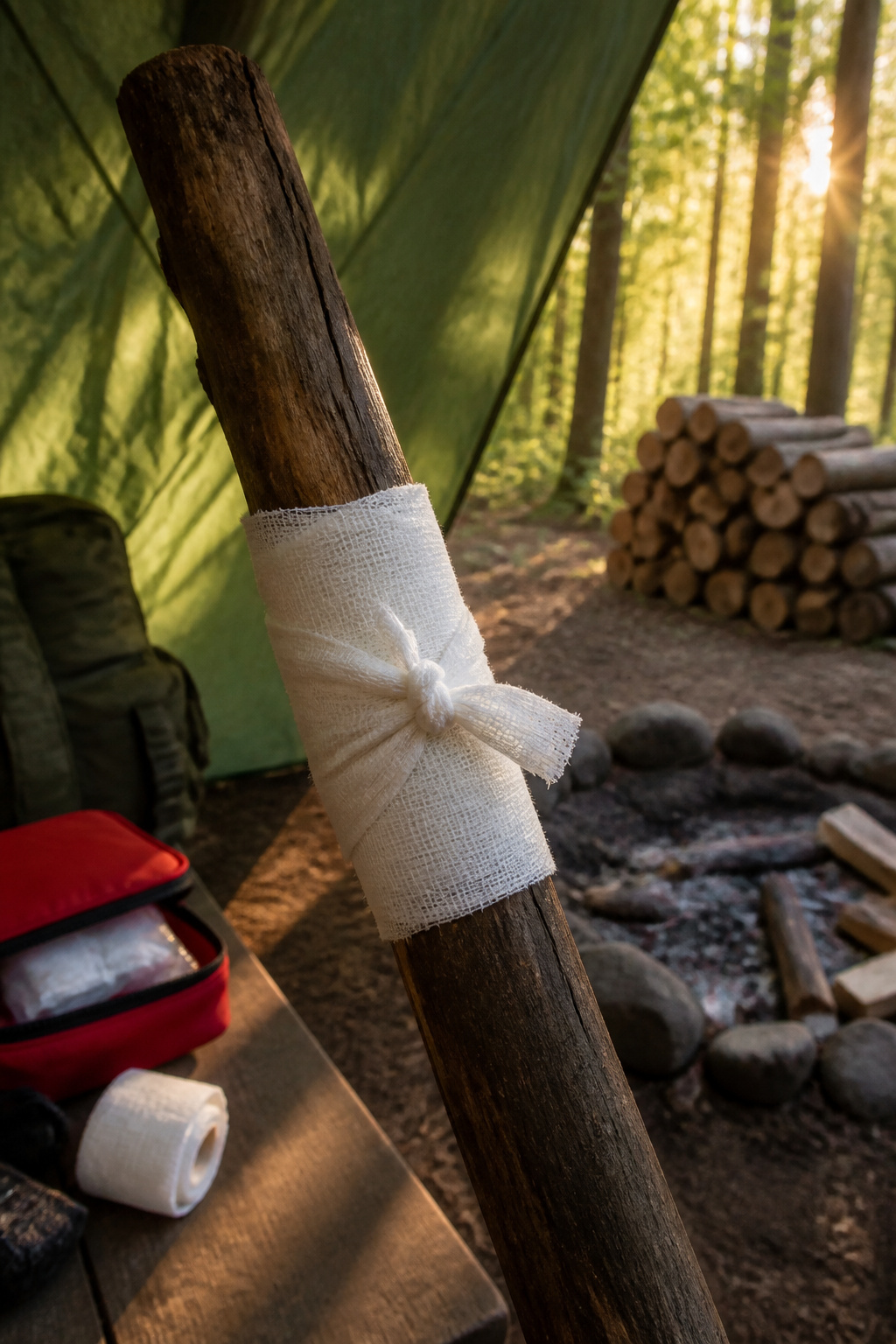 How to Tie a Square Knot: 5 Essential Things to Know in 2026 4 A bandage tied with a square knot around a dark piece of wood.