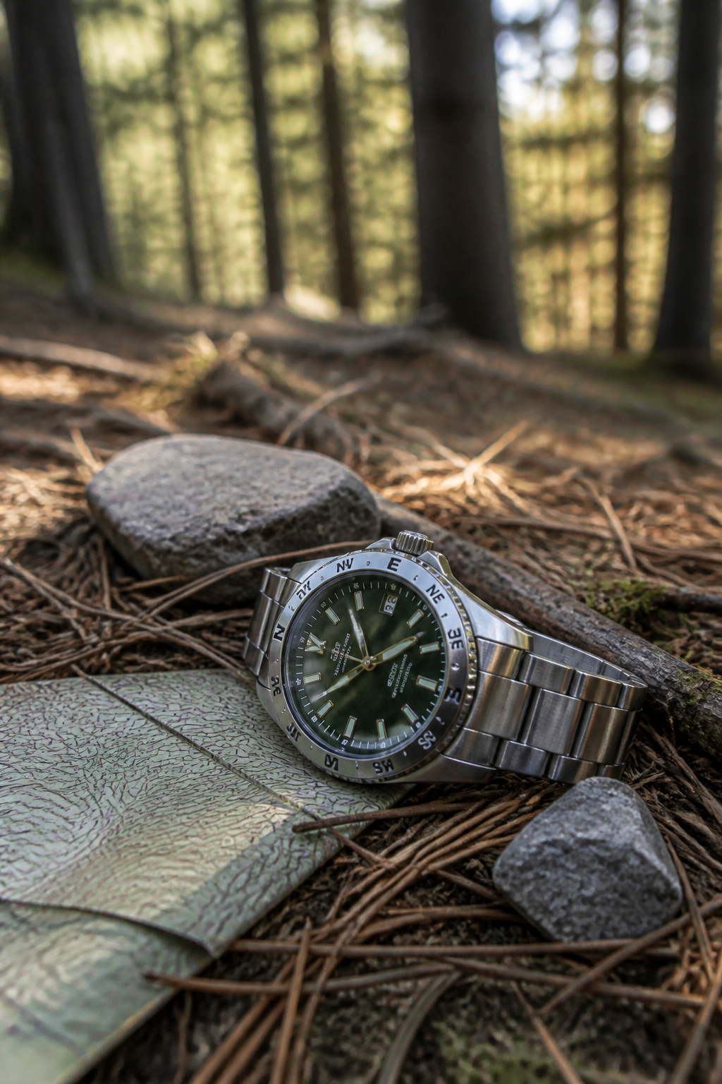 How to Use a Watch as a Compass: 5 Steps to Find North (2026) 5 A Seiko Alpinist watch positioned on pine needles with a compass bezel.