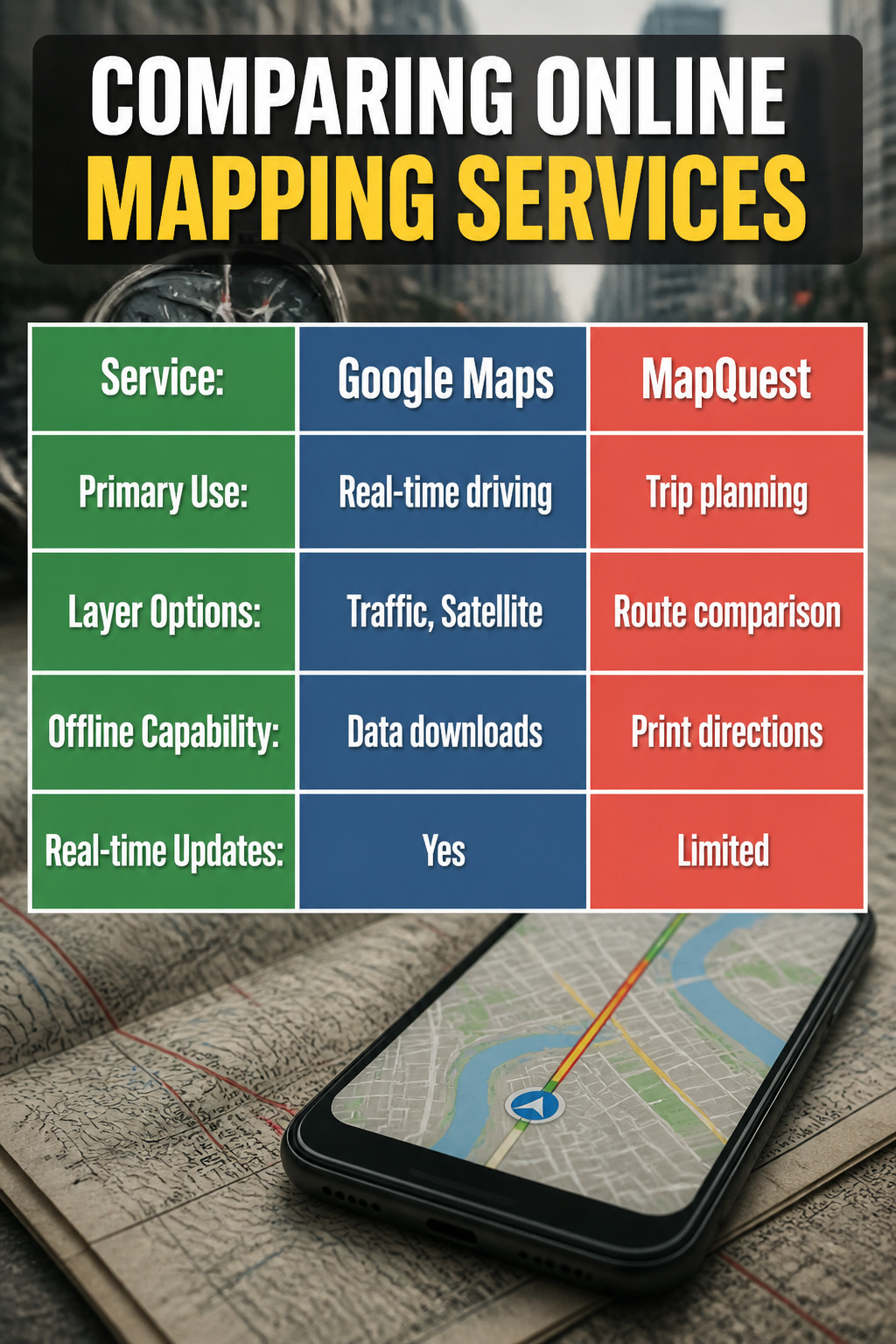 Maps and Directions: Online Services, Route Planning and 8 Map Types for 2026 7 A graphic comparing features of different online mapping services.