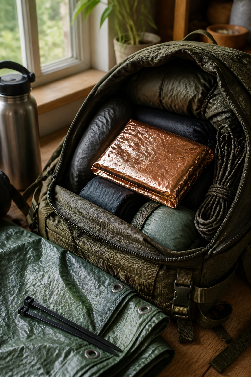 A mylar blanket folded around a device inside a camping pack.