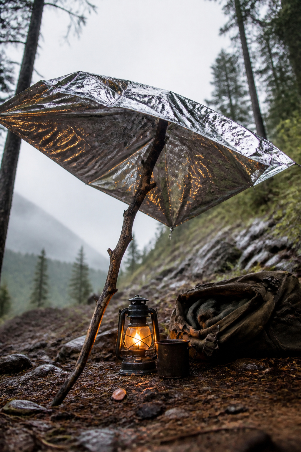 A mylar blanket held overhead as a makeshift umbrella.