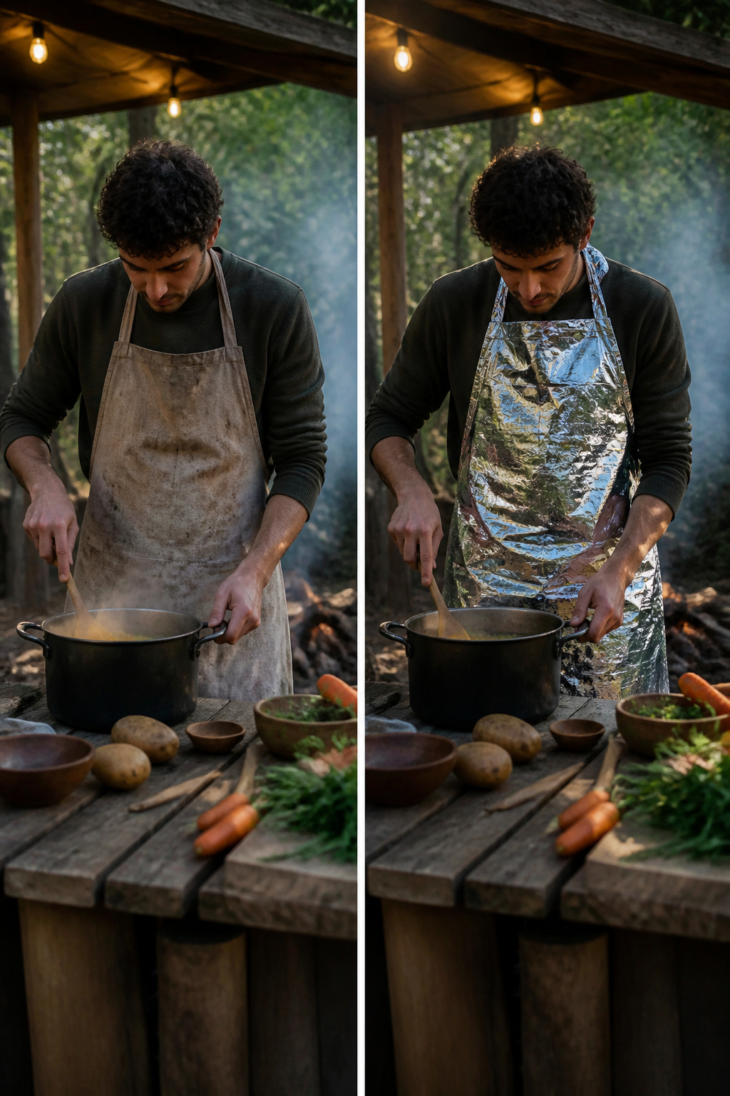 A mylar blanket draped across the chest while cooking.