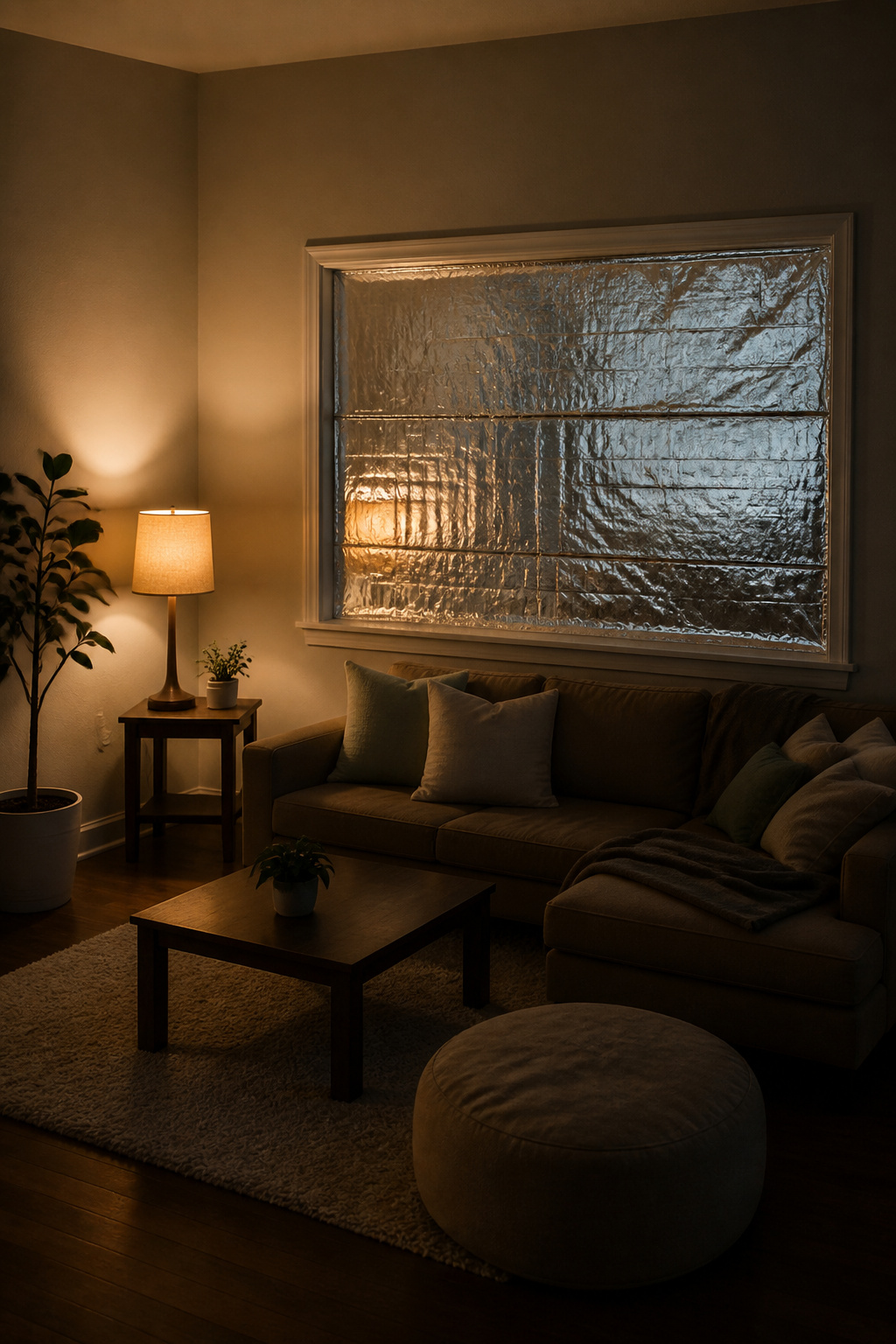 A mylar blanket covering a window to insulate against cold.