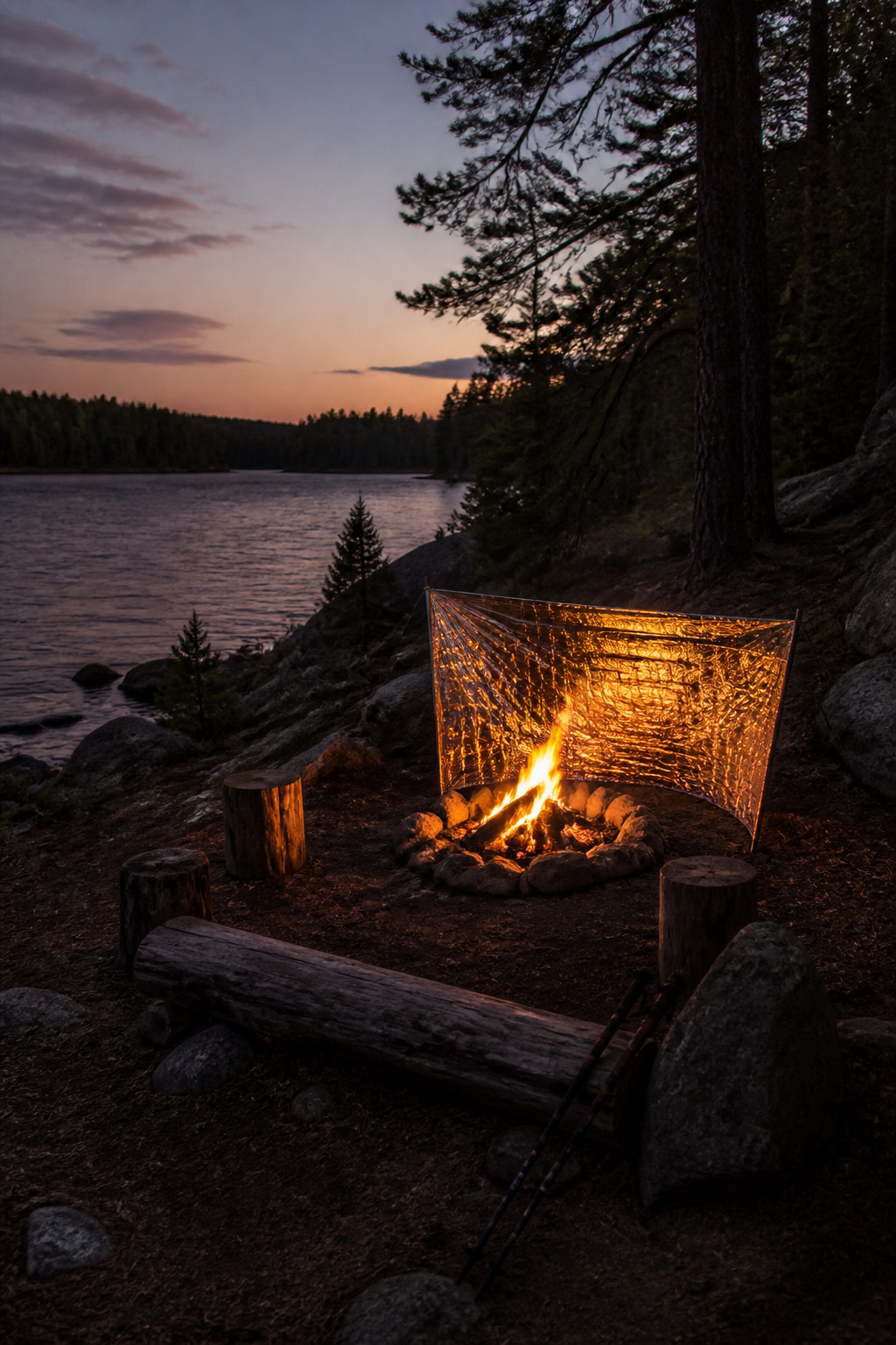 A mylar blanket angled behind a campfire, reflecting heat.