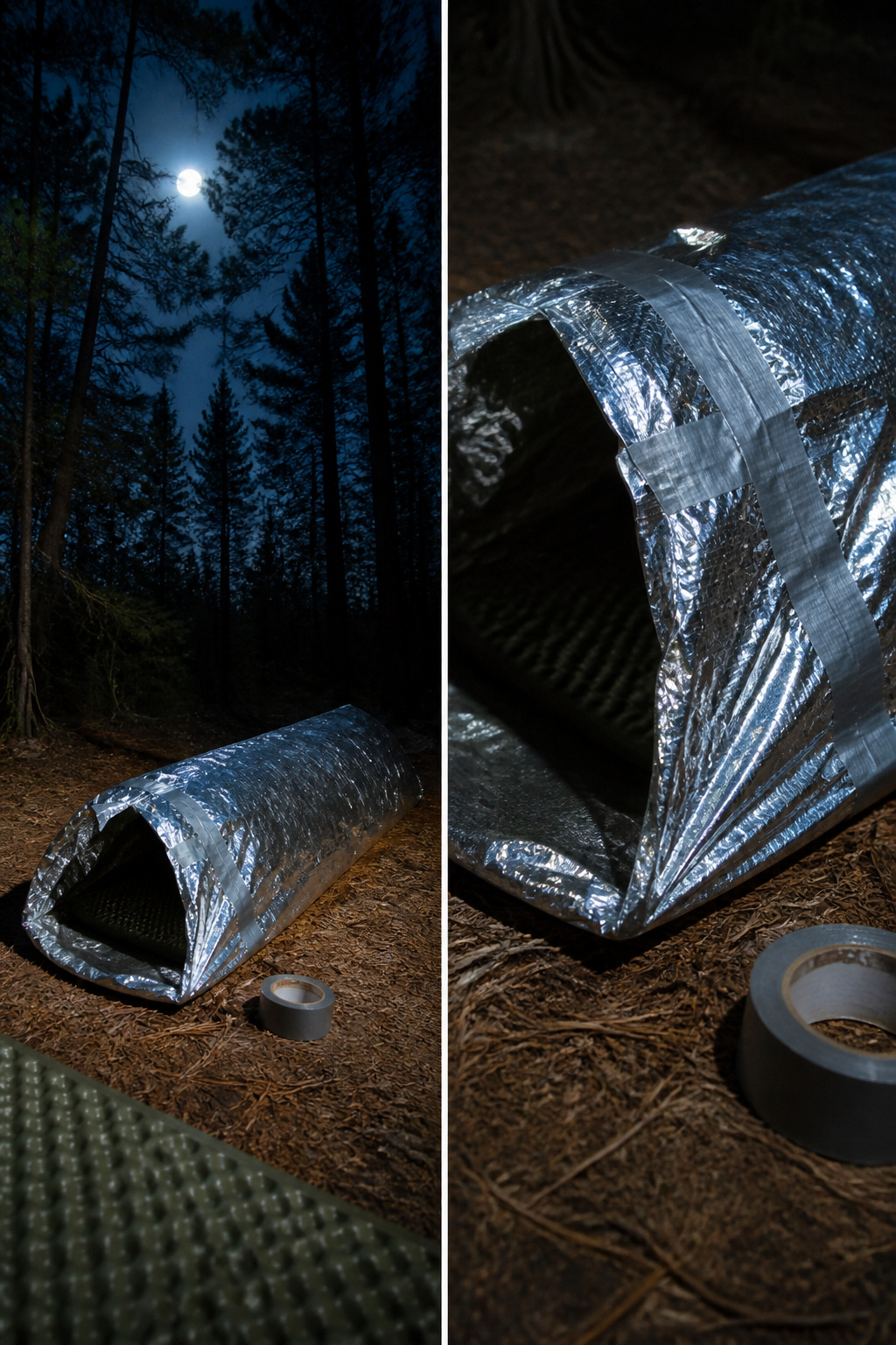 A mylar blanket taped into a bivvy, demonstrating its insulation properties.