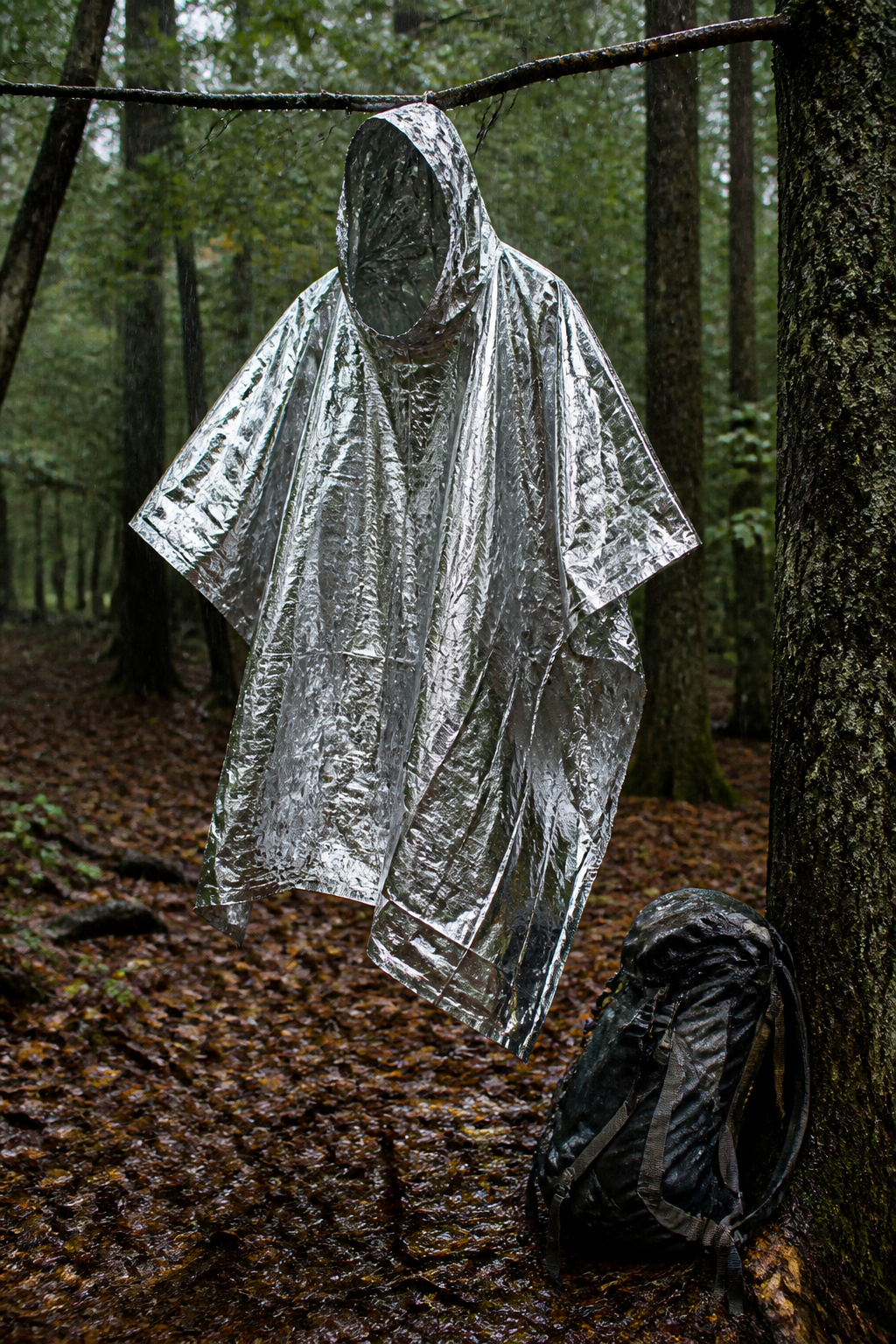 A mylar blanket with a head hole cut for use as a rain poncho.