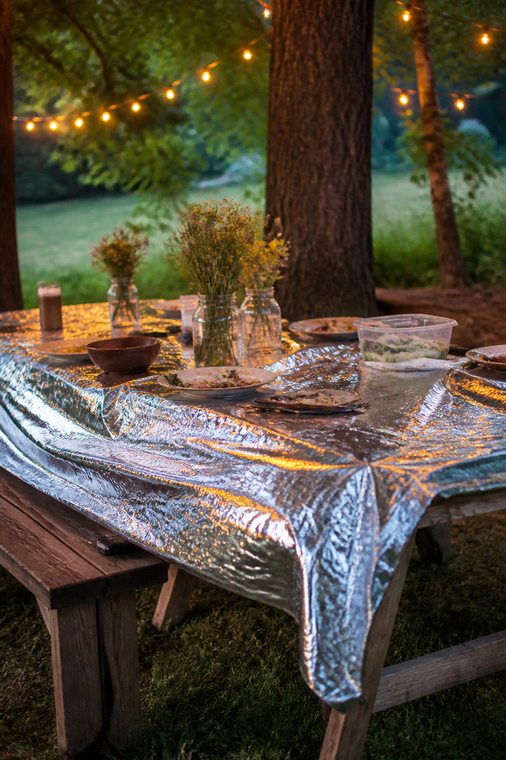A mylar blanket draped over a picnic table, reflecting string lights.
