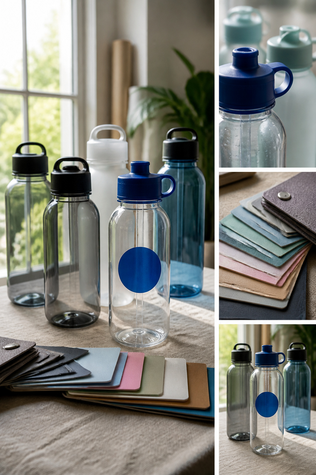 Plastic Water Bottles: Types, Safety Numbers and Buying Options 4 Assorted plastic water bottles with logos and colors for customization.