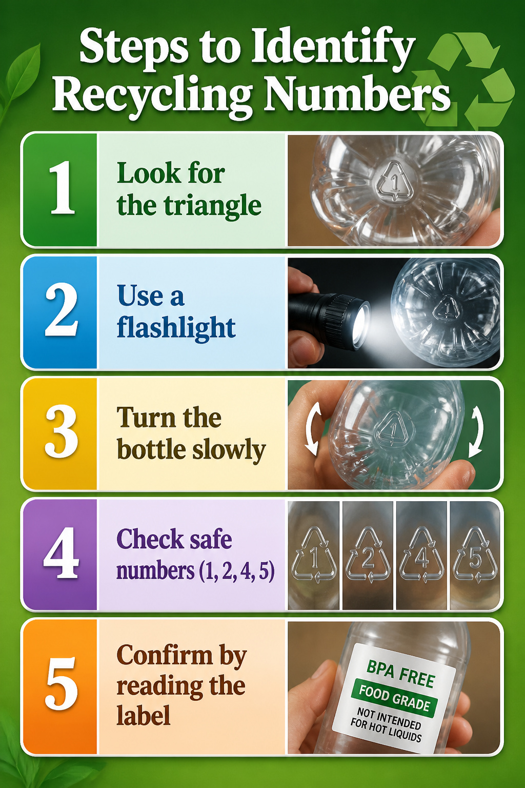 Plastic Water Bottles: Types, Safety Numbers and Buying Options 8 Visual guide showing how to find recycling numbers on plastic bottles.
