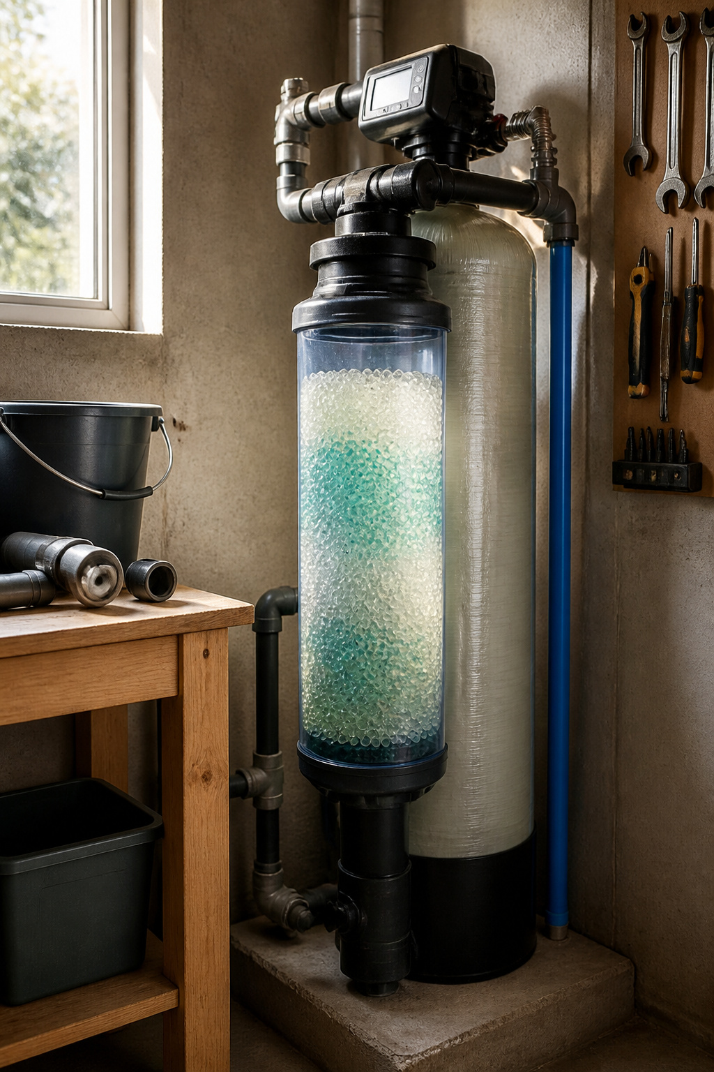 Radioactive Water Filter: Methods, Risks and Standards for 2026 2 Ion exchange filter unit with resin beads in a utility room.