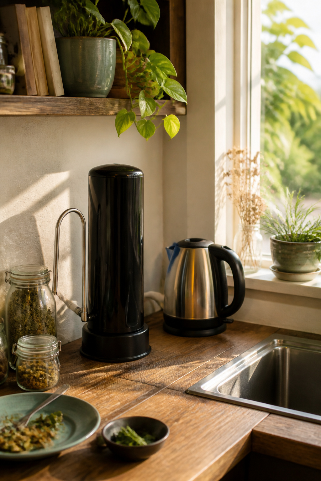 Radioactive Water Filter: Methods, Risks and Standards for 2026 3 Activated carbon filter unit on a rustic kitchen countertop.