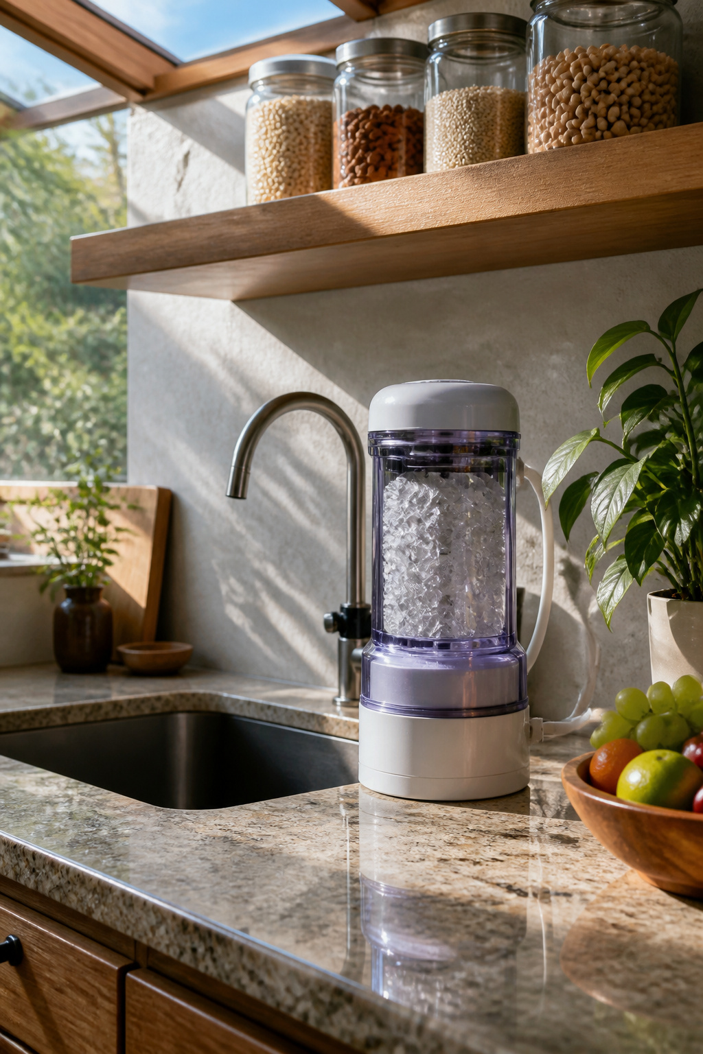 Radioactive Water Filter: Methods, Risks and Standards for 2026 4 Countertop zeolite filter with a translucent cartridge revealing crystals.