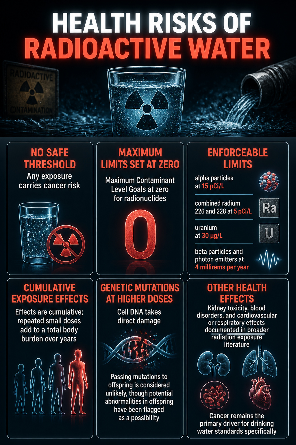 Radioactive Water Filter: Methods, Risks and Standards for 2026 6 Information graphic outlining health risks of radioactive water.