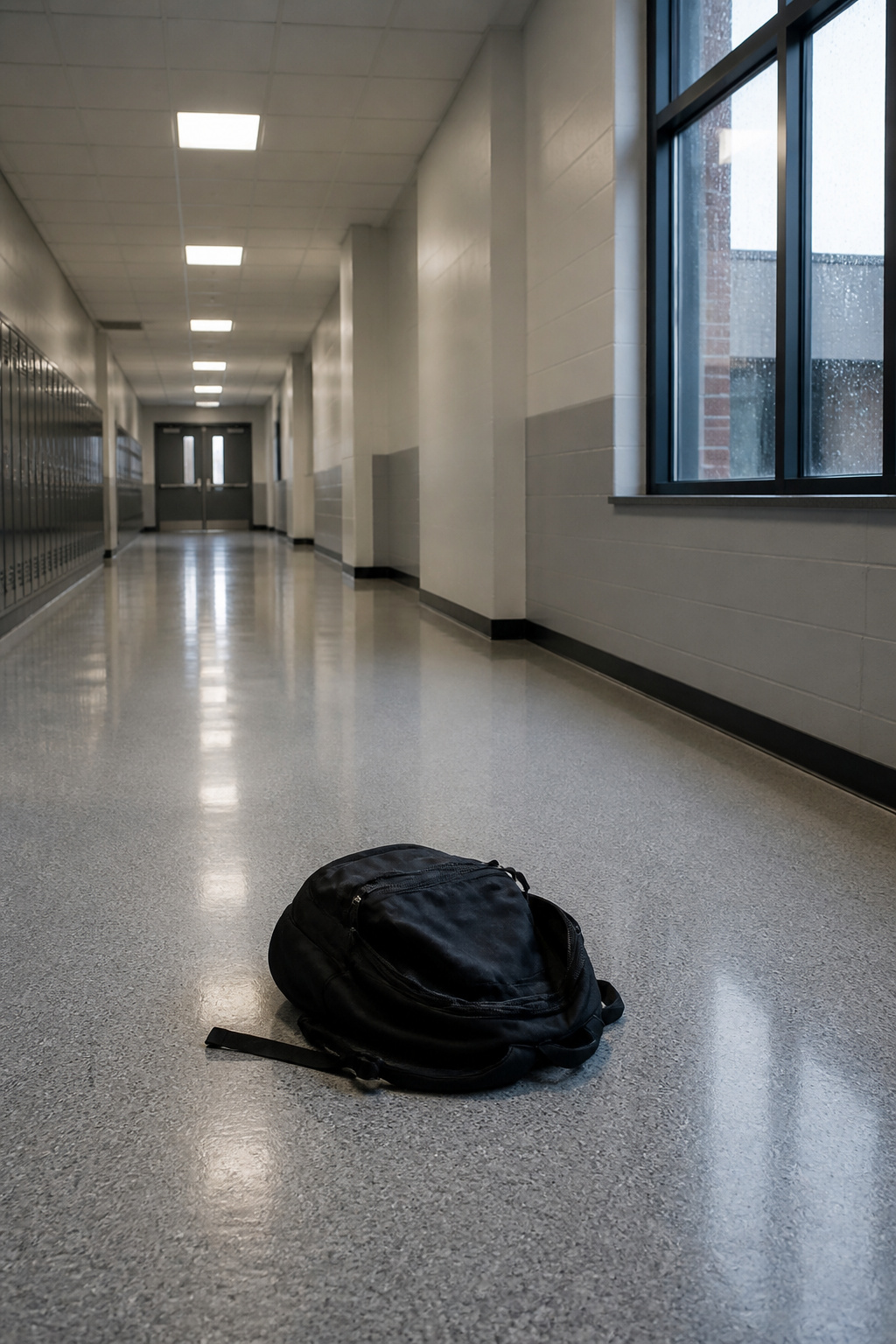 A person running down a school hallway with lockers on both sides.