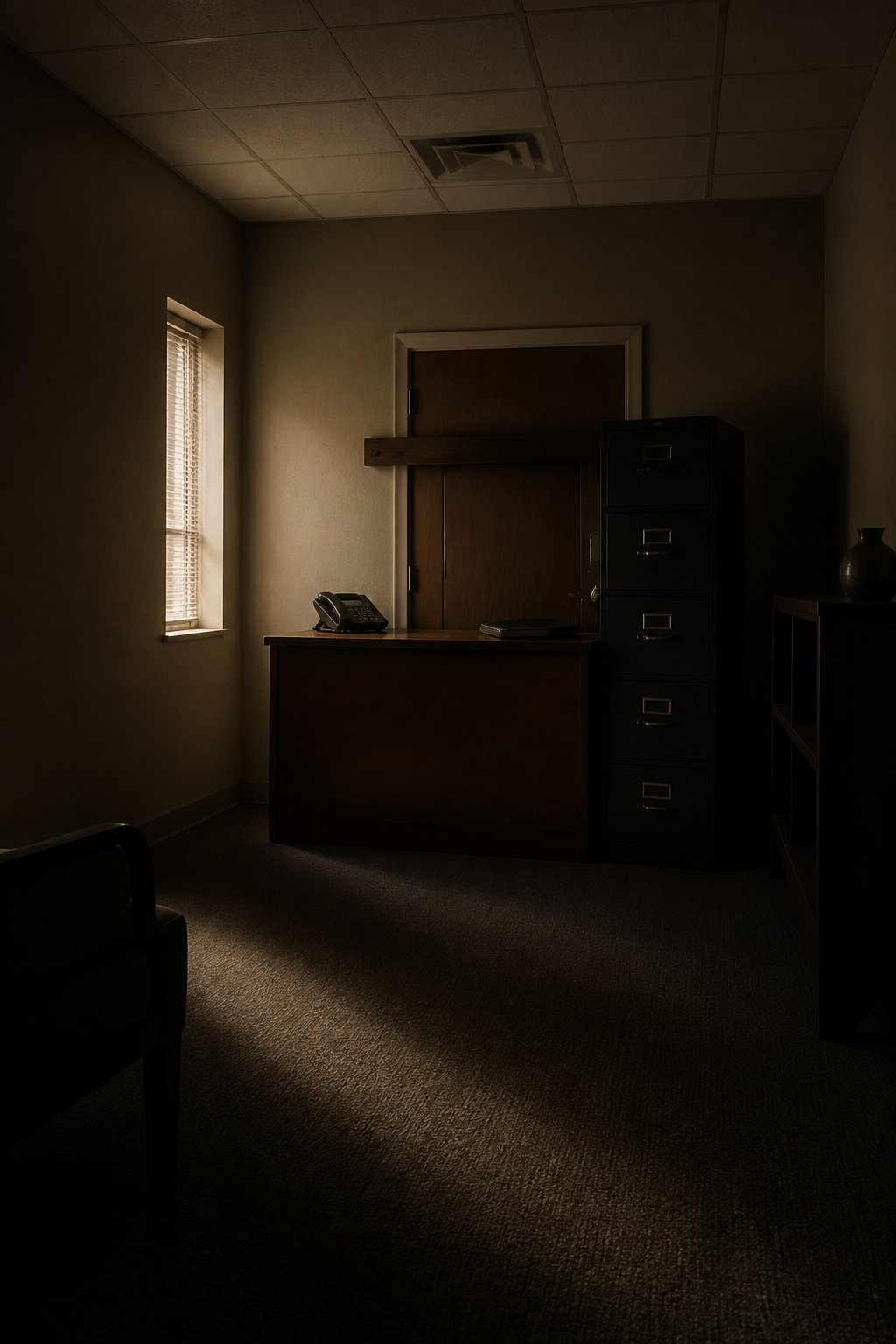 A closed door in an office with heavy furniture blocking it.