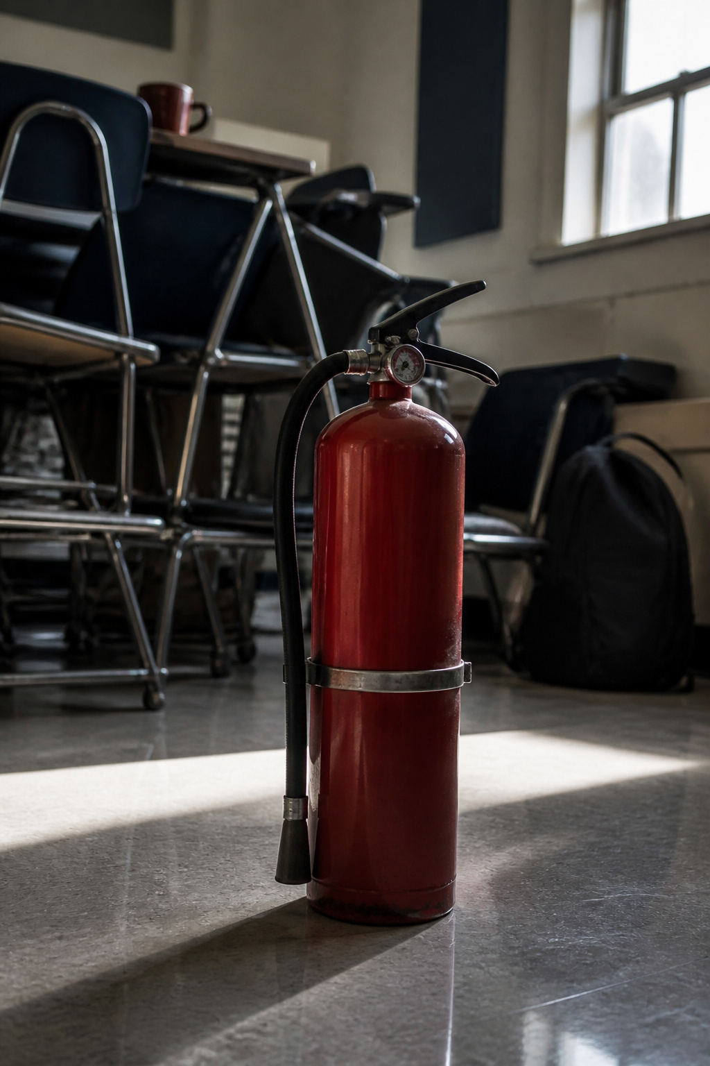 A student improvising with objects in a classroom during a crisis.