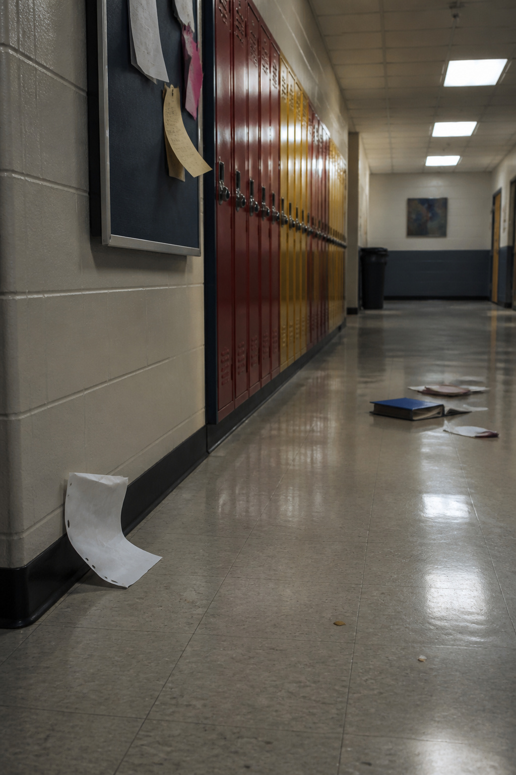 A cluttered high school hallway with lockers and a bulletin board.