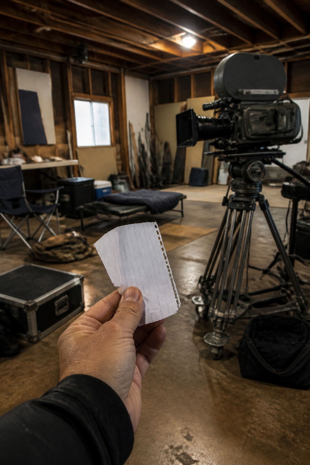 Behind-the-scenes photo of a modest film set with props and equipment.