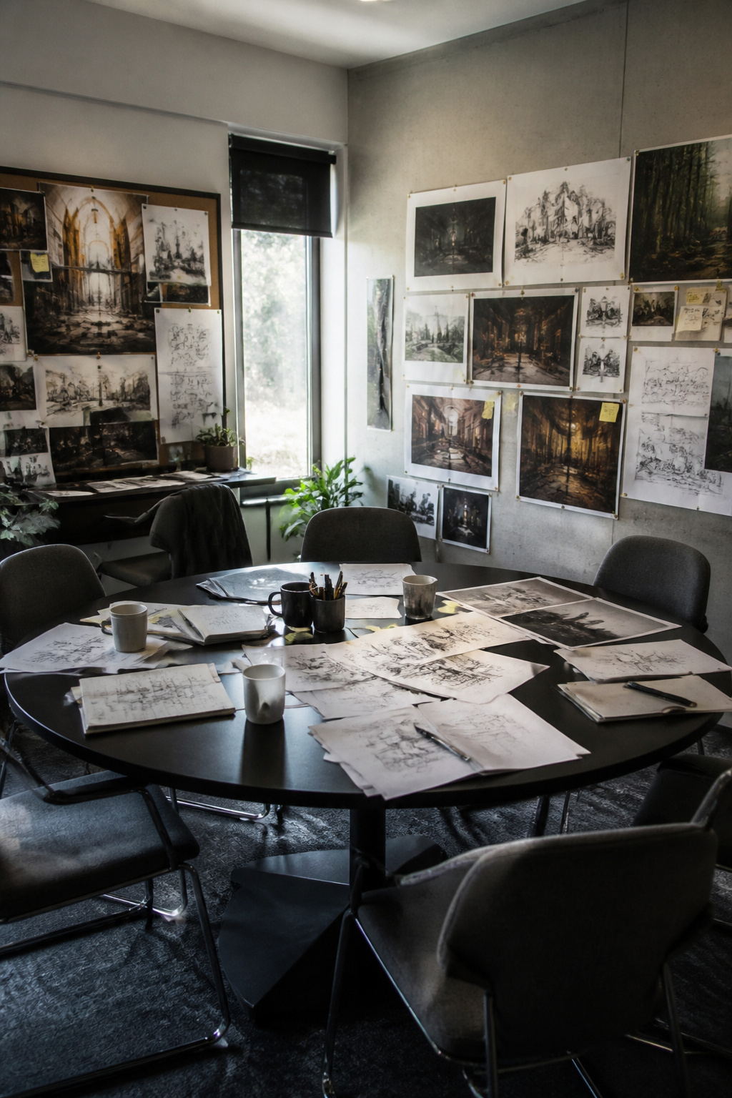 A meeting room with sketches and notes for a new film project.