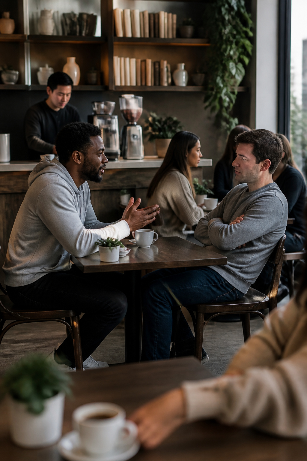 Situational Awareness Tips for Workplace and Daily Safety 4 Two individuals in a coffee shop displaying contrasting body language.