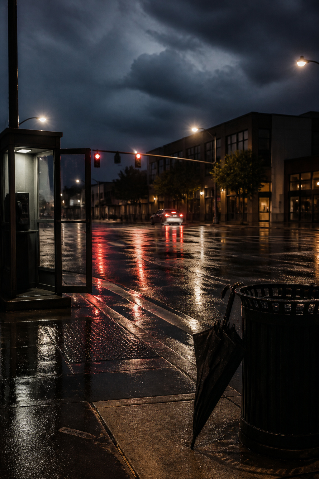 Situational Awareness Tips for Workplace and Daily Safety 9 A quiet intersection on a rainy evening with streetlights glowing.