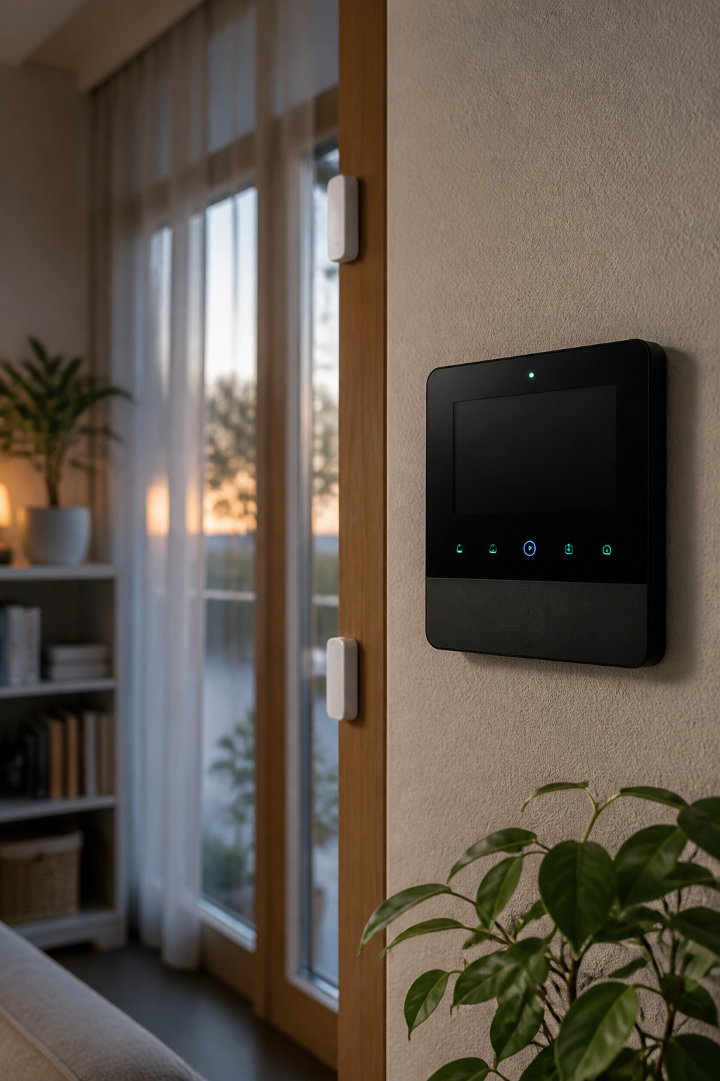 Southern Home Security System: 6 Core Setup Ideas for 2026 1 A sleek alarm system control panel mounted on a textured wall.