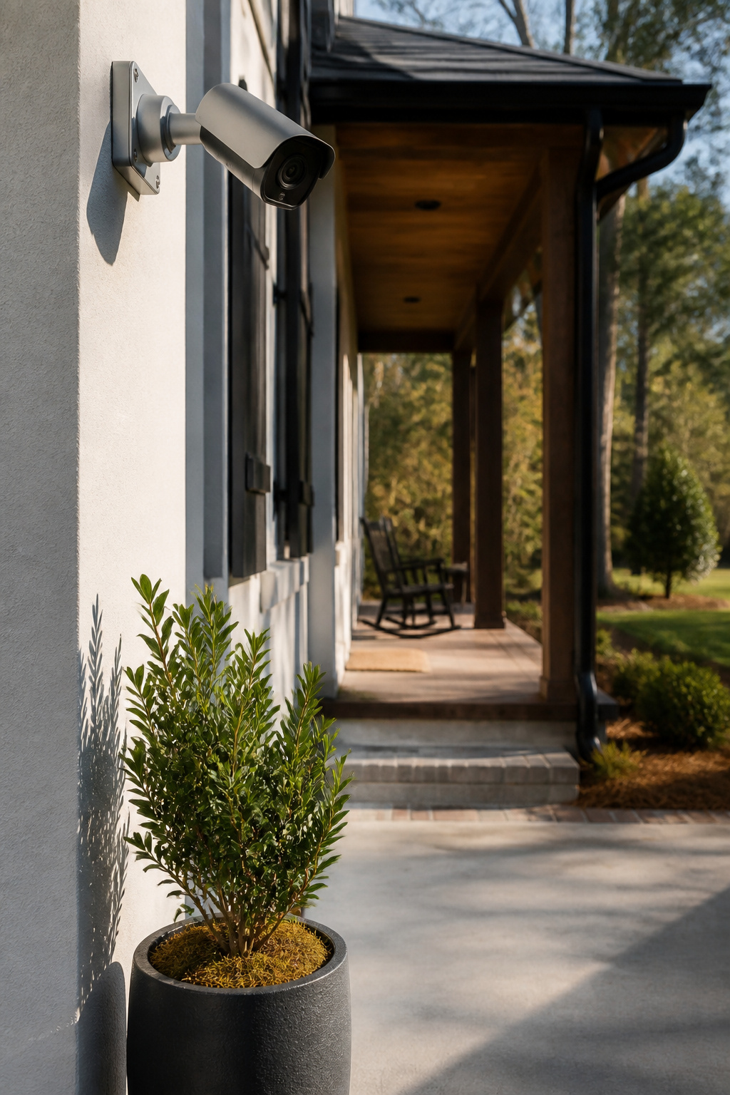 Southern Home Security System: 6 Core Setup Ideas for 2026 2 A silver 4K surveillance camera mounted on a home's exterior wall.