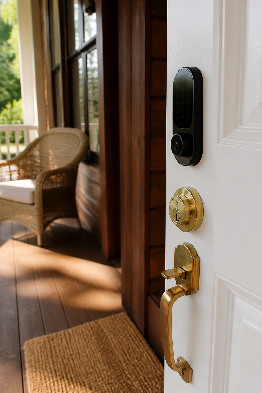 Southern Home Security System: 6 Core Setup Ideas for 2026 3 A smart lock with a keypad installed on a white front door.