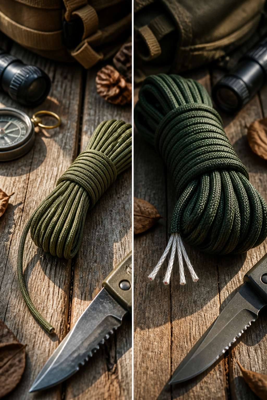Type I and Type II paracord spools on a textured surface.