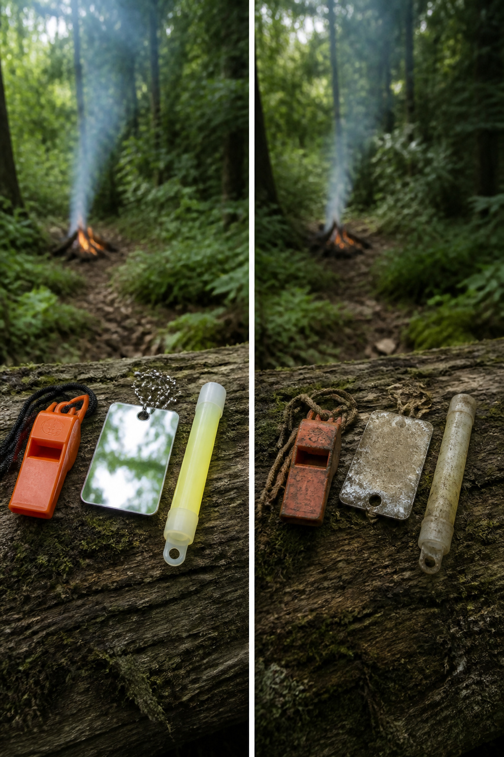 Survival Priorities: What Comes First in the Backcountry 11 A whistle and signal mirror placed on a flat surface in the forest.