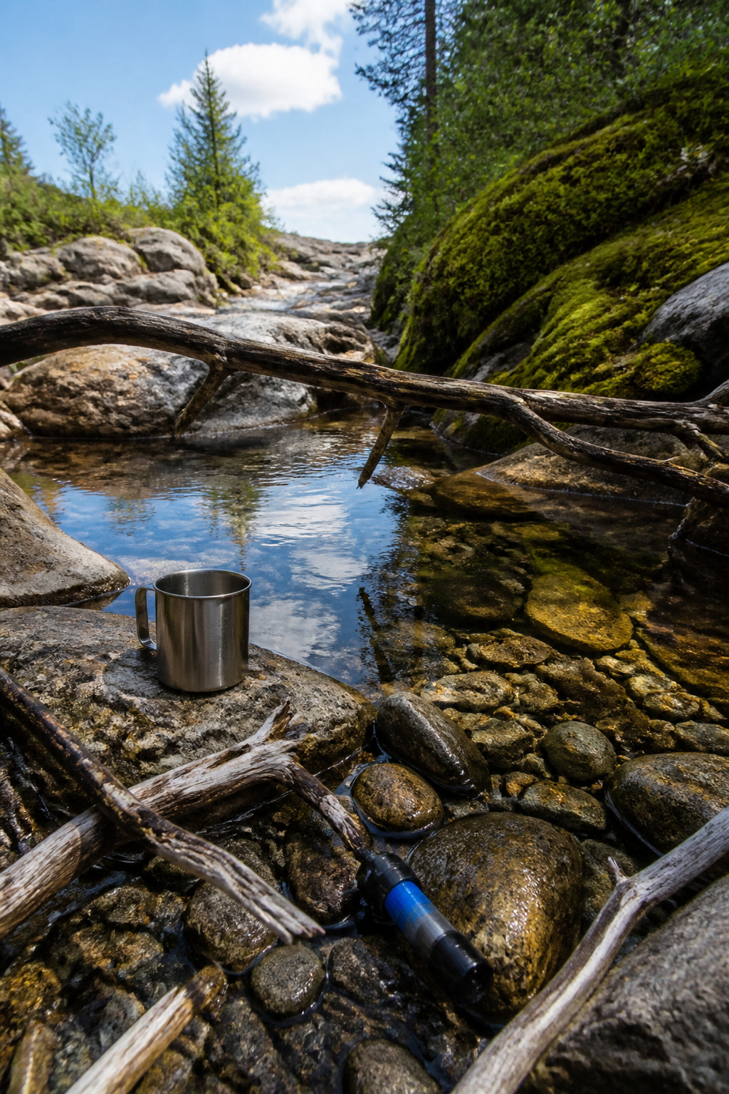 Survival Priorities: What Comes First in the Backcountry 2 A clear stream with a metal cup and Sawyer Mini filter nearby.