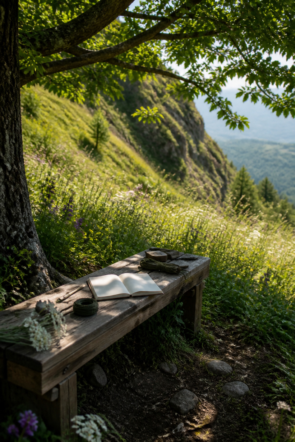 Survival Priorities: What Comes First in the Backcountry 7 A wooden bench surrounded by wildflowers and grass under a tree.