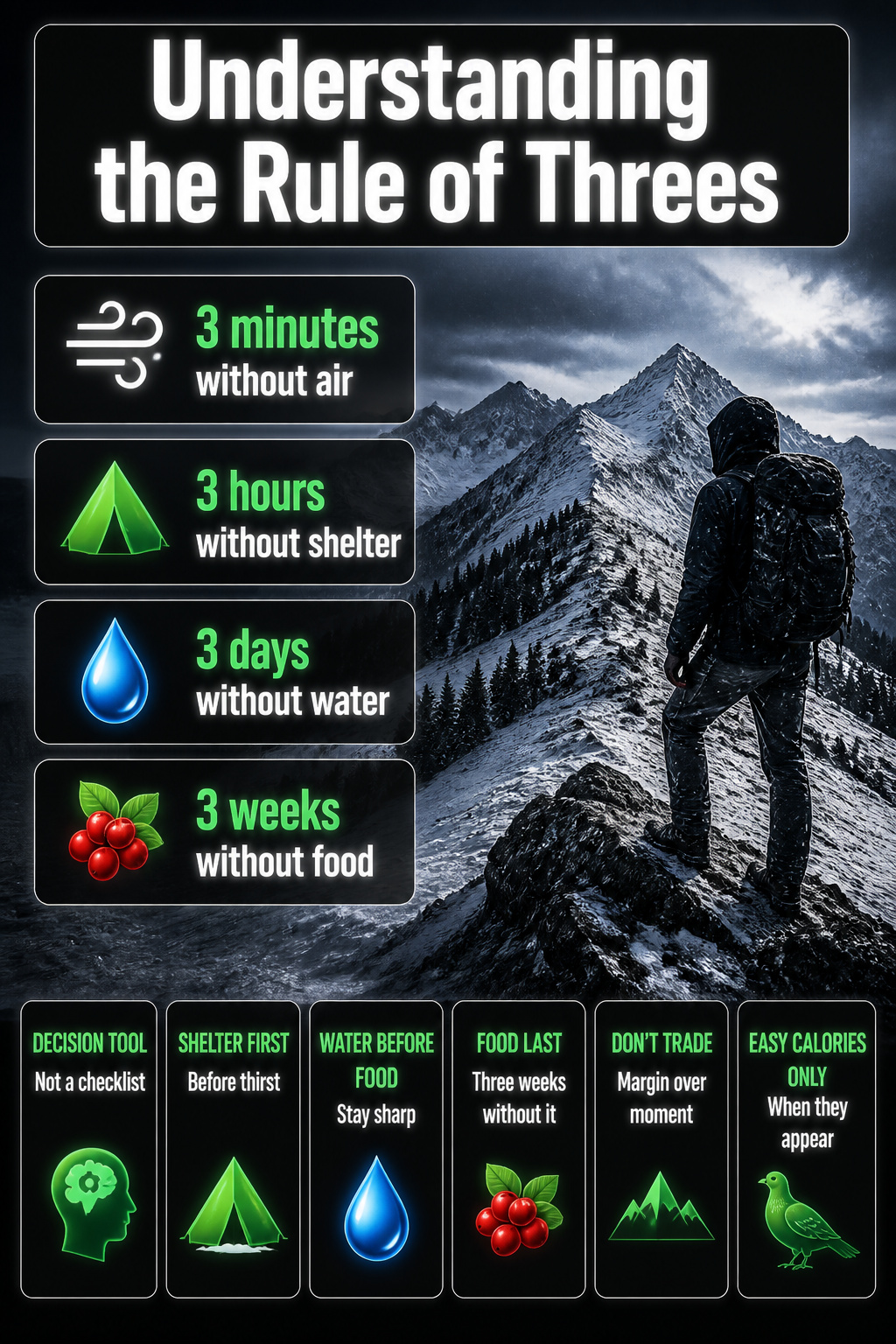 Survival Priorities: What Comes First in the Backcountry 8 An infographic displaying the Rule of Threes for survival in the wild.