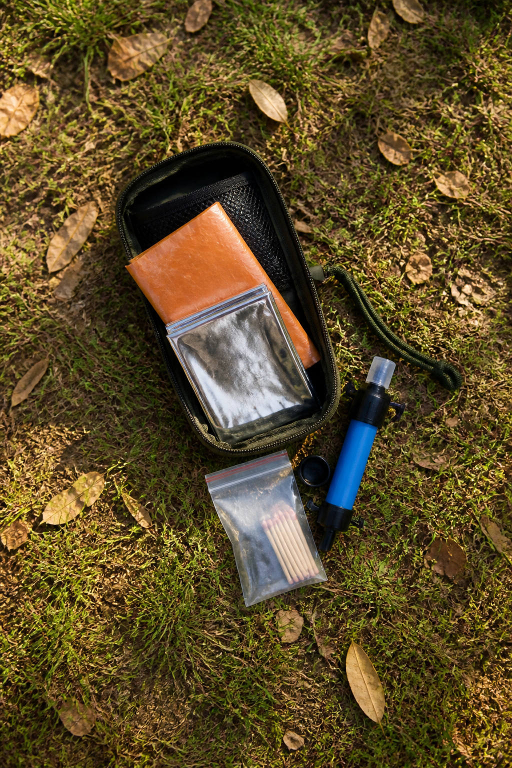 Survival Priorities: What Comes First in the Backcountry 9 A compact survival kit with a tarp, fire starter, and water filter.