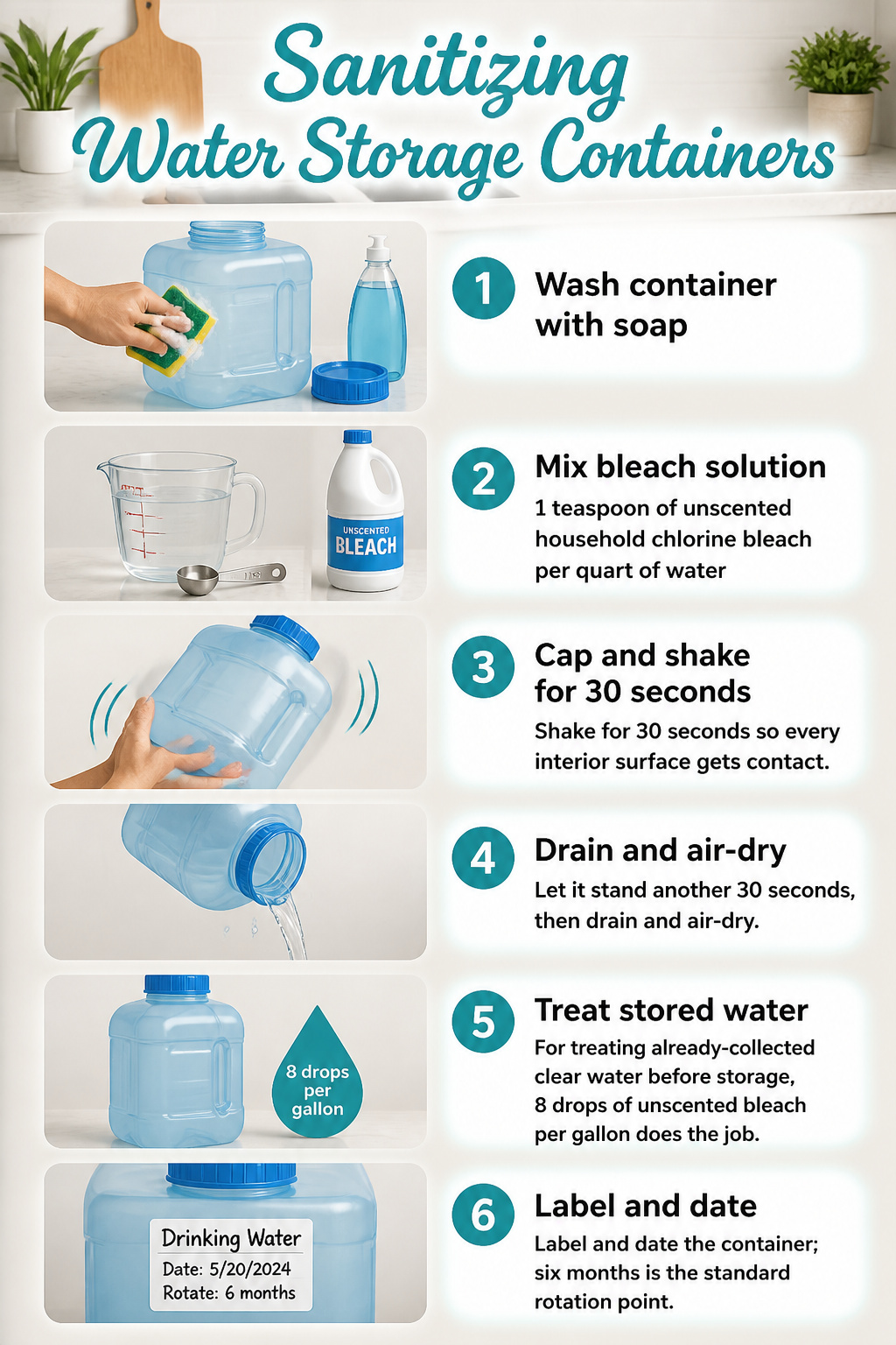 Survival Water Storage: The Best Containers and Methods for 2026 7 A step-by-step guide for sanitizing water containers.