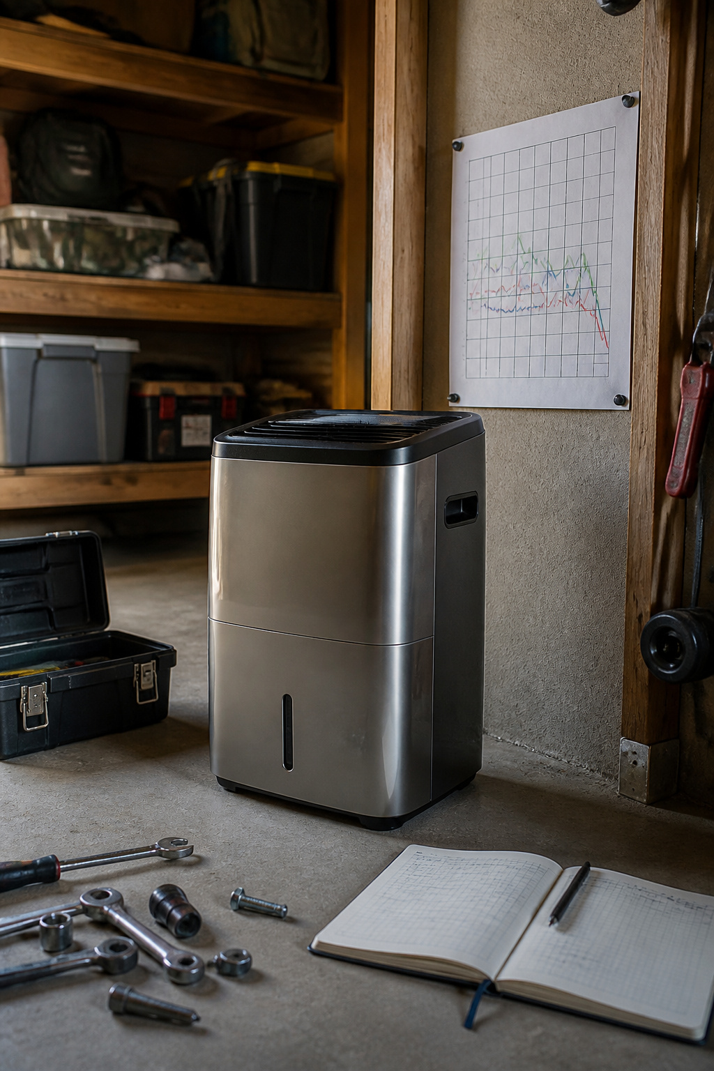 Dew Point: What It Means, Why It Matters, and How It Works 4 A dehumidifier on a concrete surface surrounded by tools.